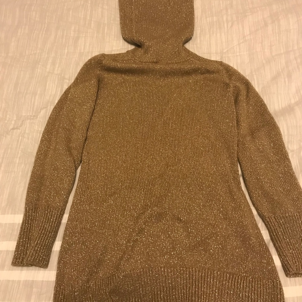 Gold metallic turtleneck sweater.
